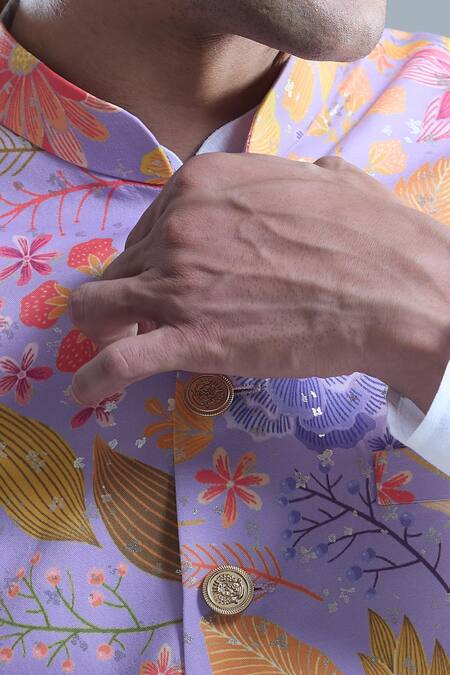 Shop_Arihant Rai Sinha_White Silk, Cotton Foil Printing Garden Bandi And Kurta Set _Online_at_Aza_Fashions