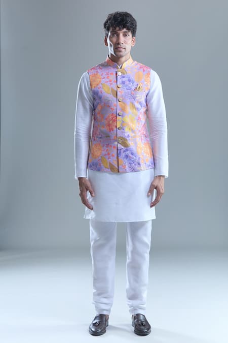 Arihant Rai Sinha_White Silk, Cotton Foil Printing Garden Bandi And Kurta Set _at_Aza_Fashions