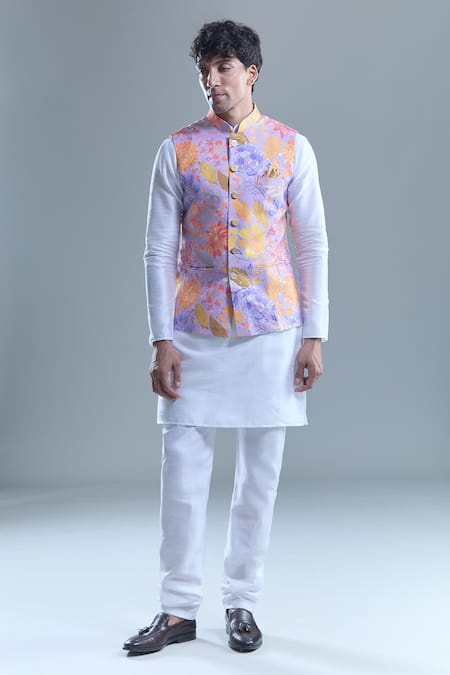 Buy_Arihant Rai Sinha_White Silk, Cotton Foil Printing Garden Bandi And Kurta Set 