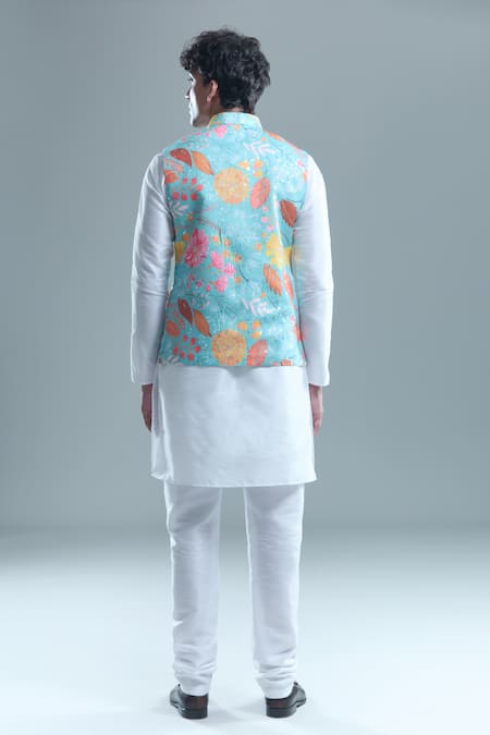 Shop_Arihant Rai Sinha_Blue Cotton, Silk Foil Printing Garden Bandi And Kurta Set _at_Aza_Fashions