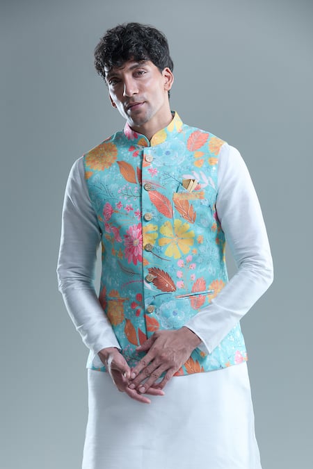 Buy_Arihant Rai Sinha_Blue Cotton, Silk Foil Printing Garden Bandi And Kurta Set _Online_at_Aza_Fashions