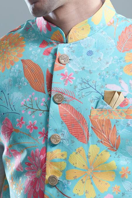 Shop_Arihant Rai Sinha_Blue Cotton, Silk Foil Printing Garden Bandi And Kurta Set _Online_at_Aza_Fashions