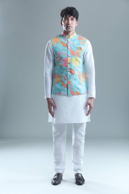 Arihant Rai Sinha_Blue Cotton, Silk Foil Printing Garden Bandi And Kurta Set _at_Aza_Fashions