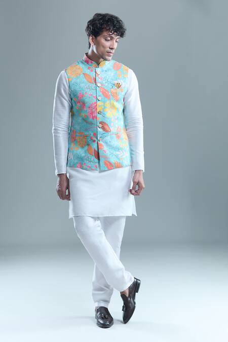 Buy_Arihant Rai Sinha_Blue Cotton, Silk Foil Printing Garden Bandi And Kurta Set 