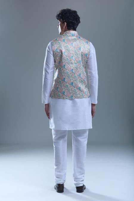Shop Arihant Rai Sinha White Silk, Jacquard Zari Paisley Bandi And Kurta Set at Aza Fashions Shop_Arihant Rai Sinha_White Silk, Jacquard Zari Paisley Bandi And Kurta Set _at_Aza_Fashions