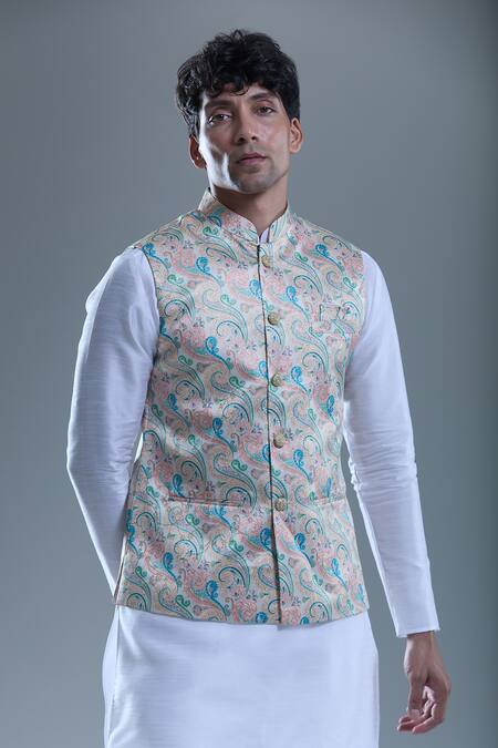 Buy Arihant Rai Sinha White Silk, Jacquard Zari Paisley Bandi And Kurta Set Online at Aza Fashions Buy_Arihant Rai Sinha_White Silk, Jacquard Zari Paisley Bandi And Kurta Set _Online_at_Aza_Fashions