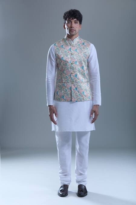 Arihant Rai Sinha White Silk, Jacquard Zari Paisley Bandi And Kurta Set at Aza Fashions Arihant Rai Sinha_White Silk, Jacquard Zari Paisley Bandi And Kurta Set _at_Aza_Fashions