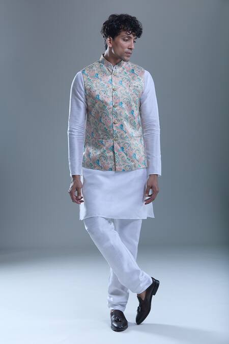 Buy Arihant Rai Sinha White Silk, Jacquard Zari Paisley Bandi And Kurta Set Buy_Arihant Rai Sinha_White Silk, Jacquard Zari Paisley Bandi And Kurta Set