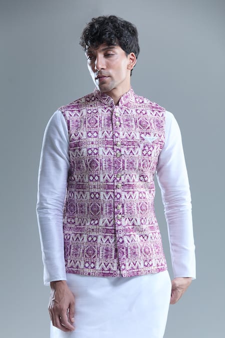 Shop Arihant Rai Sinha Pink Cotton, Silk Sequins, Embroidery Geometric Bandi And Kurta Set Online at Aza Fashions Shop_Arihant Rai Sinha_Pink Cotton, Silk Sequins, Embroidery Geometric Bandi And Kurta Set _Online_at_Aza_Fashions