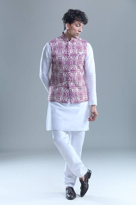 Buy Arihant Rai Sinha Pink Cotton, Silk Sequins, Embroidery Geometric Bandi And Kurta Set Buy_Arihant Rai Sinha_Pink Cotton, Silk Sequins, Embroidery Geometric Bandi And Kurta Set