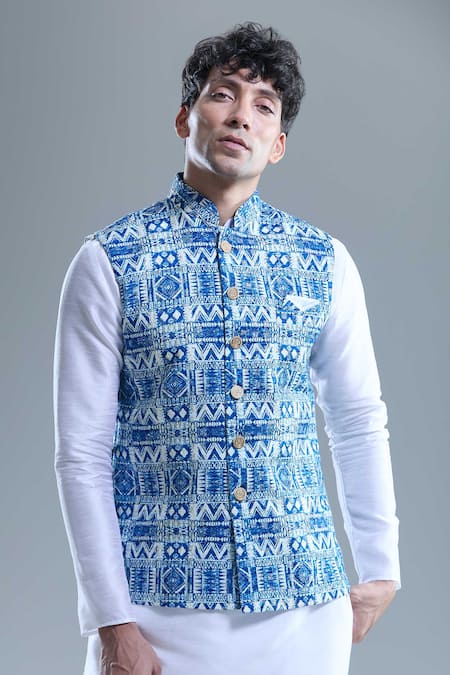 Shop Arihant Rai Sinha Blue Cotton, Silk Sequins, Embroidery Geometric Bandi Set Online at Aza Fashions Shop_Arihant Rai Sinha_Blue Cotton, Silk Sequins, Embroidery Geometric Bandi Set _Online_at_Aza_Fashions