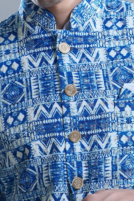 Arihant Rai Sinha Blue Cotton, Silk Sequins, Embroidery Geometric Bandi Set at Aza Fashions Arihant Rai Sinha_Blue Cotton, Silk Sequins, Embroidery Geometric Bandi Set _at_Aza_Fashions