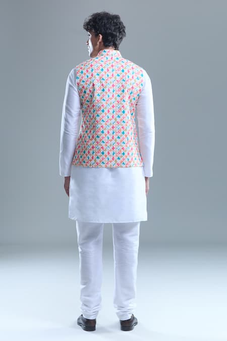 Shop_Arihant Rai Sinha_Cream Cotton, Silk Foil Printing Geometric Bandi And Kurta Set _at_Aza_Fashions
