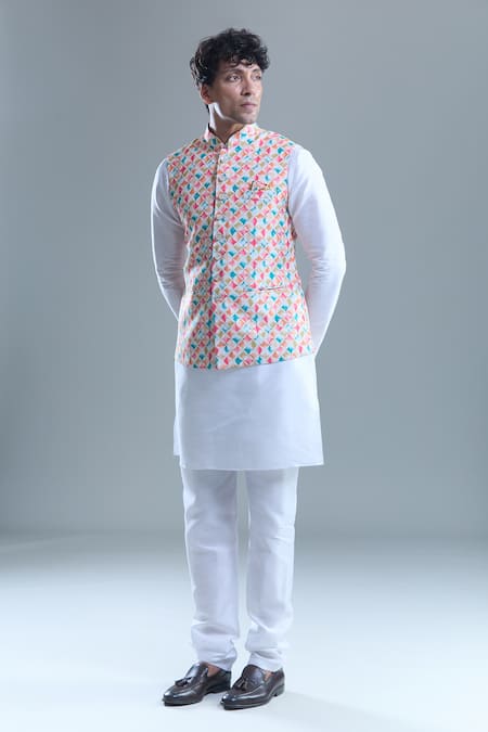 Buy_Arihant Rai Sinha_Cream Cotton, Silk Foil Printing Geometric Bandi And Kurta Set _Online_at_Aza_Fashions