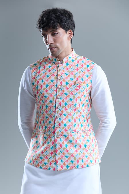 Shop_Arihant Rai Sinha_Cream Cotton, Silk Foil Printing Geometric Bandi And Kurta Set _Online_at_Aza_Fashions