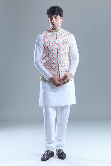 Arihant Rai Sinha_Cream Cotton, Silk Foil Printing Geometric Bandi And Kurta Set _at_Aza_Fashions