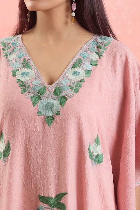 Shop_Naintara Bajaj_Pink Cotton Embroidery V-neck Resham Kaftan _Online_at_Aza_Fashions