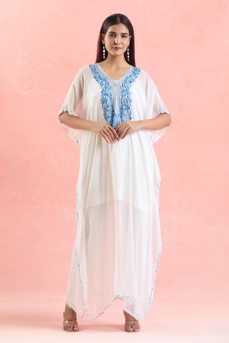Buy Samyukta Singhania White Georgette Embroidery V-neck Paisley Kaftan Online at Aza Fashions Buy_Samyukta Singhania_White Georgette Embroidery V-neck Paisley Kaftan_Online_at_Aza_Fashions