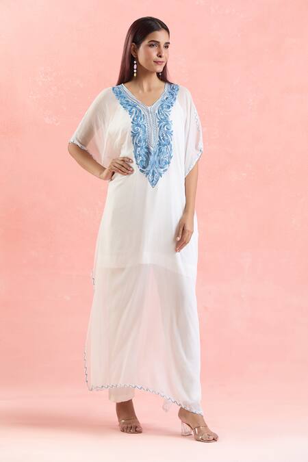 Shop Samyukta Singhania White Georgette Embroidery V-neck Paisley Kaftan Online at Aza Fashions Shop_Samyukta Singhania_White Georgette Embroidery V-neck Paisley Kaftan_Online_at_Aza_Fashions