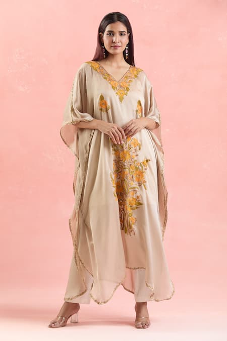 Buy_Samyukta Singhania_Cream Crepe Embroidery V-neck Flower Kaftan_Online_at_Aza_Fashions