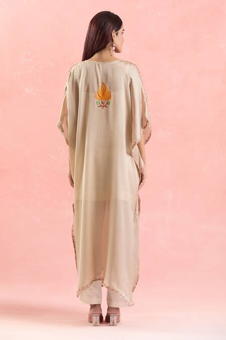 Shop Samyukta Singhania Cream Crepe Embroidery Boat Neck Leaf Kaftan at Aza Fashions Shop_Samyukta Singhania_Cream Crepe Embroidery Boat Neck Leaf Kaftan_at_Aza_Fashions