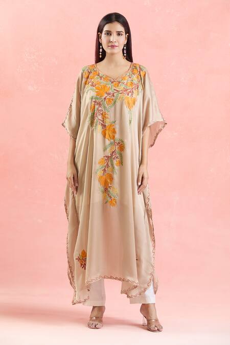 Samyukta Singhania Cream Crepe Embroidery Boat Neck Leaf Kaftan Online at Aza Fashions Samyukta Singhania_Cream Crepe Embroidery Boat Neck Leaf Kaftan_Online_at_Aza_Fashions