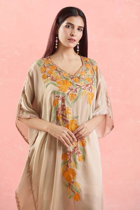 Buy Samyukta Singhania Cream Crepe Embroidery Boat Neck Leaf Kaftan Online at Aza Fashions Buy_Samyukta Singhania_Cream Crepe Embroidery Boat Neck Leaf Kaftan_Online_at_Aza_Fashions