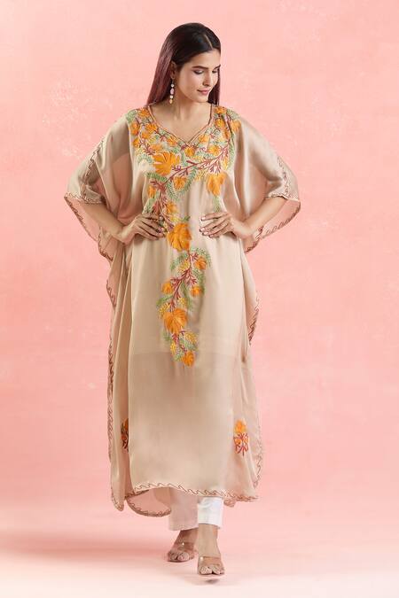 Samyukta Singhania Cream Crepe Embroidery Boat Neck Leaf Kaftan at Aza Fashions Samyukta Singhania_Cream Crepe Embroidery Boat Neck Leaf Kaftan_at_Aza_Fashions