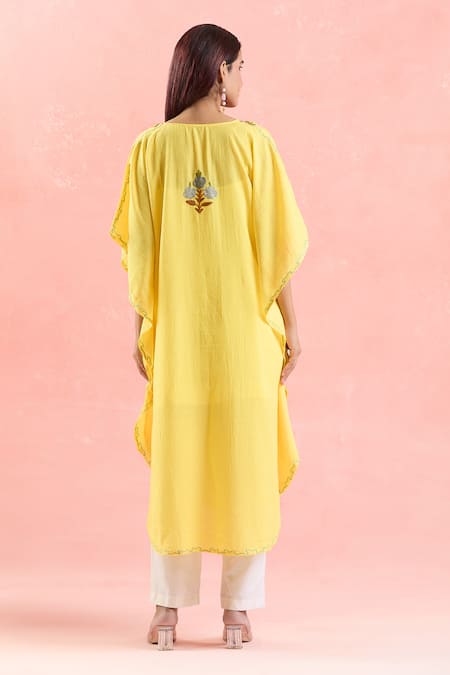 Shop Samyukta Singhania Yellow Cotton Embroidery V-neck Floral Vine Kaftan at Aza Fashions Shop_Samyukta Singhania_Yellow Cotton Embroidery V-neck Floral Vine Kaftan_at_Aza_Fashions