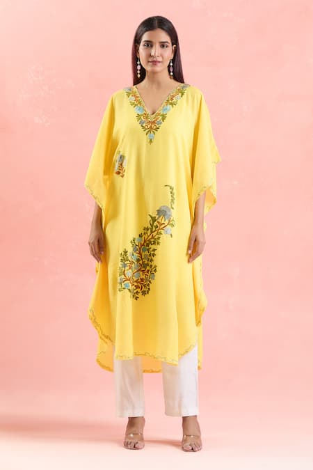 Samyukta Singhania Yellow Cotton Embroidery V-neck Floral Vine Kaftan Online at Aza Fashions Samyukta Singhania_Yellow Cotton Embroidery V-neck Floral Vine Kaftan_Online_at_Aza_Fashions