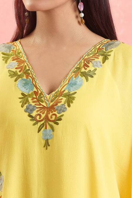 Buy Samyukta Singhania Yellow Cotton Embroidery V-neck Floral Vine Kaftan Online at Aza Fashions Buy_Samyukta Singhania_Yellow Cotton Embroidery V-neck Floral Vine Kaftan_Online_at_Aza_Fashions