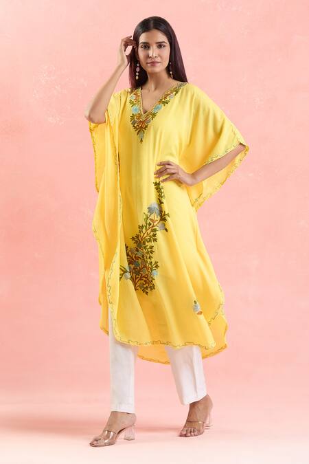 Samyukta Singhania Yellow Cotton Embroidery V-neck Floral Vine Kaftan at Aza Fashions Samyukta Singhania_Yellow Cotton Embroidery V-neck Floral Vine Kaftan_at_Aza_Fashions