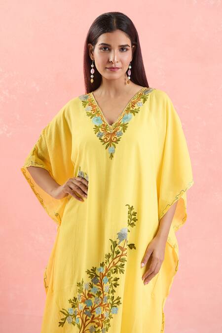 Buy Samyukta Singhania Yellow Cotton Embroidery V-neck Floral Vine Kaftan Buy_Samyukta Singhania_Yellow Cotton Embroidery V-neck Floral Vine Kaftan