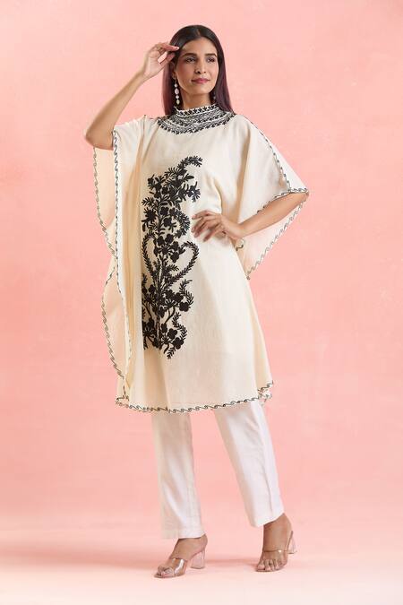 Buy_Samyukta Singhania_White Cotton Embroidery Round Neck Floral Placement Kaftan_Online_at_Aza_Fashions