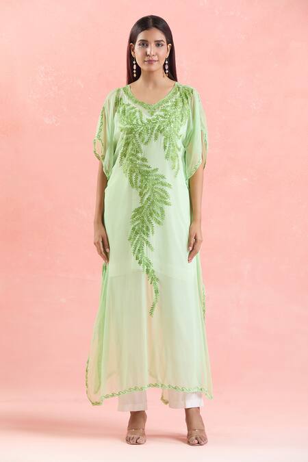 Samyukta Singhania_Green Georgette Embroidery Boat Neck Leaf Vine Kaftan_Online_at_Aza_Fashions