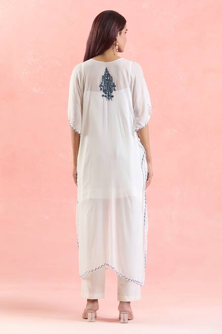 Shop Samyukta Singhania White Georgette Embroidery Scoop Neck Placket Kaftan at Aza Fashions Shop_Samyukta Singhania_White Georgette Embroidery Scoop Neck Placket Kaftan_at_Aza_Fashions