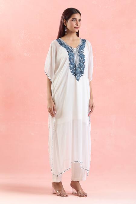 Buy Samyukta Singhania White Georgette Embroidery Scoop Neck Placket Kaftan Online at Aza Fashions Buy_Samyukta Singhania_White Georgette Embroidery Scoop Neck Placket Kaftan_Online_at_Aza_Fashions