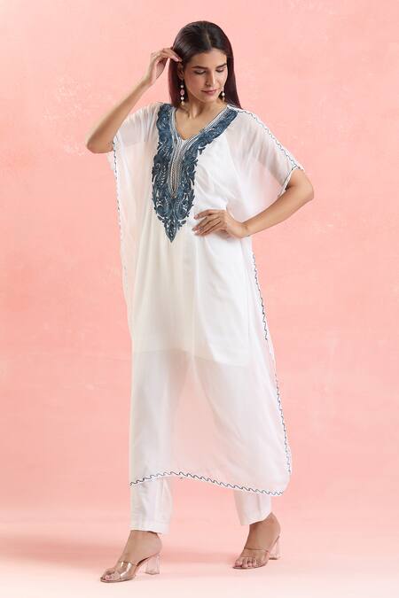 Shop Samyukta Singhania White Georgette Embroidery Scoop Neck Placket Kaftan Online at Aza Fashions Shop_Samyukta Singhania_White Georgette Embroidery Scoop Neck Placket Kaftan_Online_at_Aza_Fashions