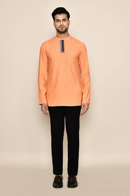 Arihant Rai Sinha_Orange Embroidery Thread Placket Kurta _Online_at_Aza_Fashions
