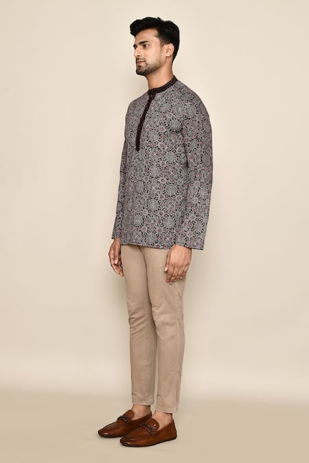 Shop_Arihant Rai Sinha_Black Embroidery Floral Printed Short Kurta _Online_at_Aza_Fashions