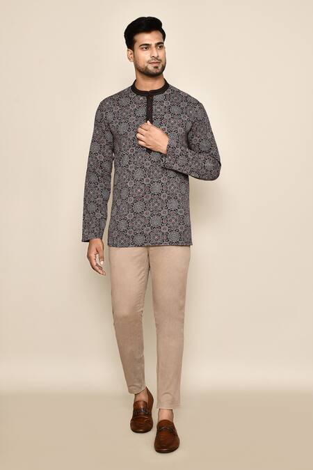 Buy_Arihant Rai Sinha_Black Embroidery Floral Printed Short Kurta 