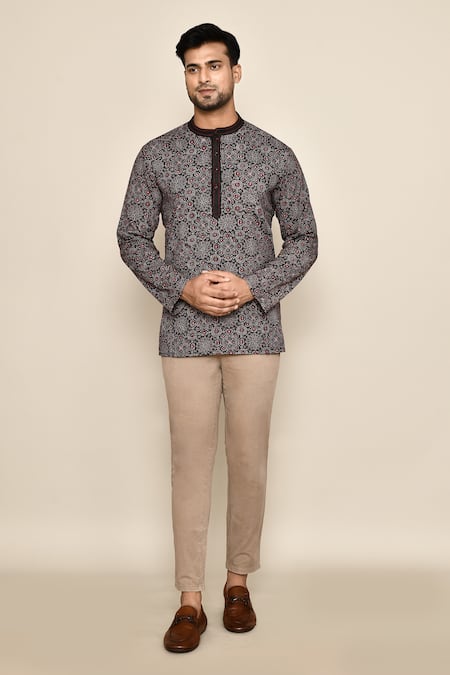 Shop_Arihant Rai Sinha_Black Embroidery Floral Printed Short Kurta 