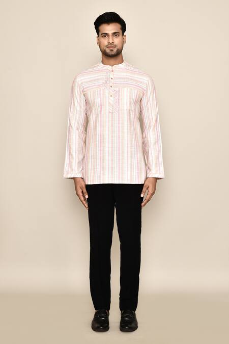 Arihant Rai Sinha_Peach Embroidery Stripe Detailed Short Kurta _Online_at_Aza_Fashions