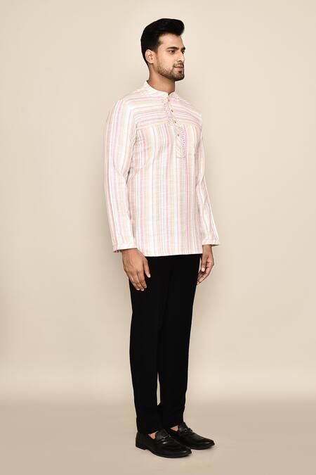 Buy_Arihant Rai Sinha_Peach Embroidery Stripe Detailed Short Kurta _Online_at_Aza_Fashions