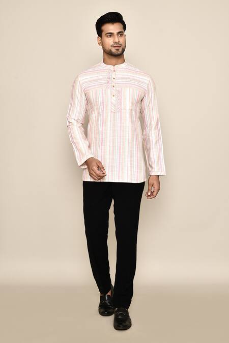 Shop_Arihant Rai Sinha_Peach Embroidery Stripe Detailed Short Kurta _Online_at_Aza_Fashions