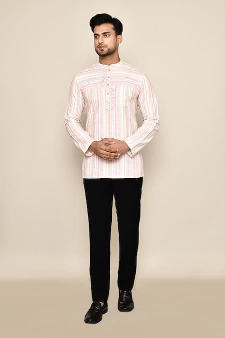 Arihant Rai Sinha_Peach Embroidery Stripe Detailed Short Kurta _at_Aza_Fashions