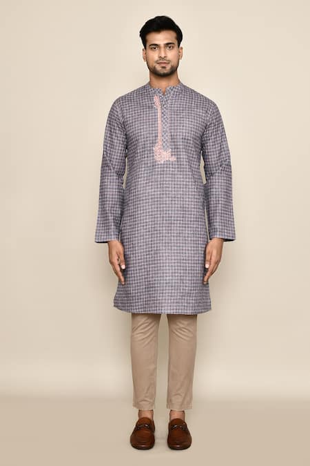 Arihant Rai Sinha_Grey Polyester, Cotton Embroidery Geometric Pattern Long Kurta_Online_at_Aza_Fashions