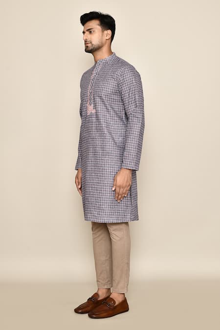 Buy_Arihant Rai Sinha_Grey Polyester, Cotton Embroidery Geometric Pattern Long Kurta_Online_at_Aza_Fashions