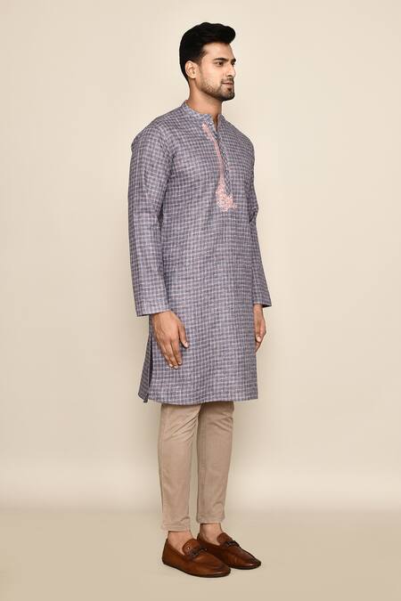 Shop_Arihant Rai Sinha_Grey Polyester, Cotton Embroidery Geometric Pattern Long Kurta_Online_at_Aza_Fashions