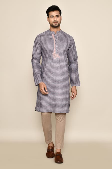 Arihant Rai Sinha_Grey Polyester, Cotton Embroidery Geometric Pattern Long Kurta_at_Aza_Fashions